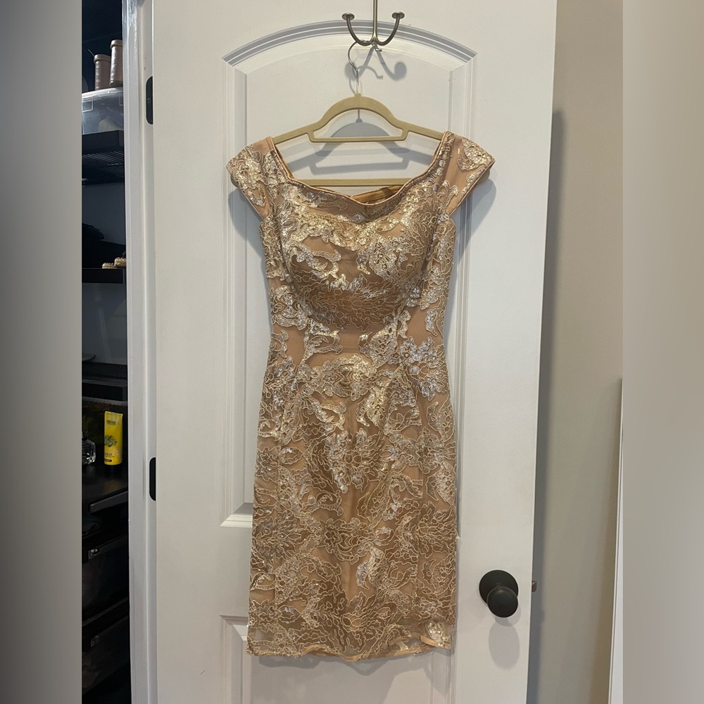 Jovani Gold Embellished Off The Shoulder mini dress